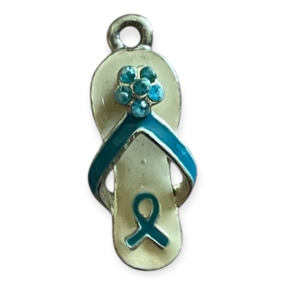 Silver Tone Flip Flop Pendant Teal Enamel Flower Awareness Ribbon Sandal Charm